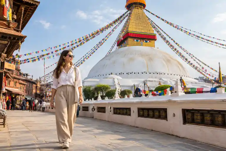 Boudhanath Stupa Wanderer Beneath Prayer Flags