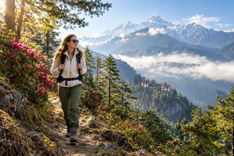 Hiker Amid Himalayan Blooms and Peaks