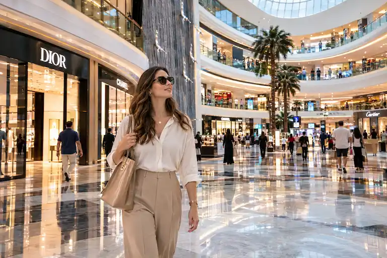 Luxury Mall Stroll Beneath Cascading Sculptures