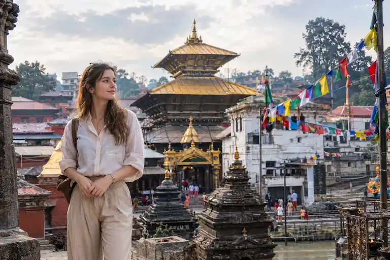 Serene Traveller at a Himalayan Temple