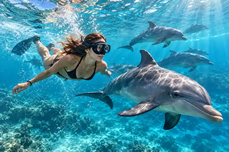 Swimming with Dolphins in Sunlit Seas