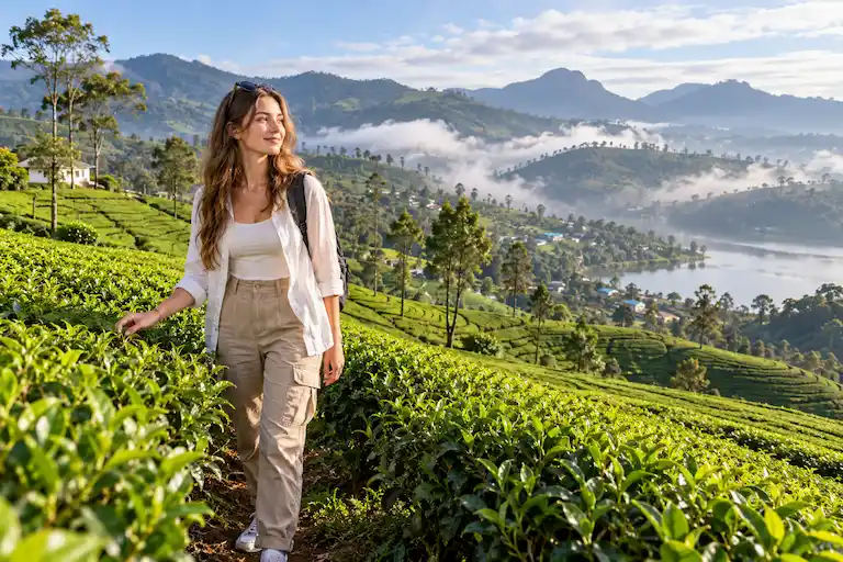 Tea Fields Over Misty Mountain Valleys