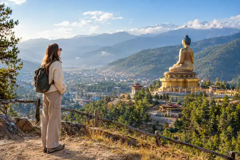 Traveler Gazing at Golden Buddha