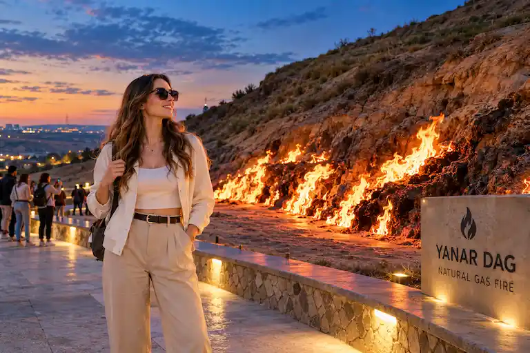 Yanar Dag Flames at Sunset